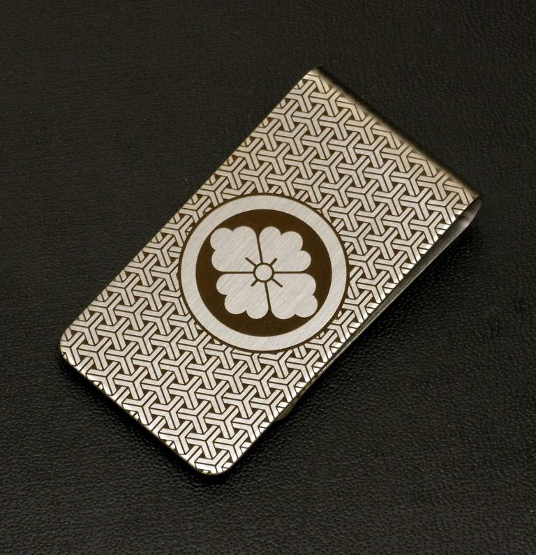丸に花菱　まるにはなびし 家紋入り マネークリップ money clip 家紋グッズ 送料無料