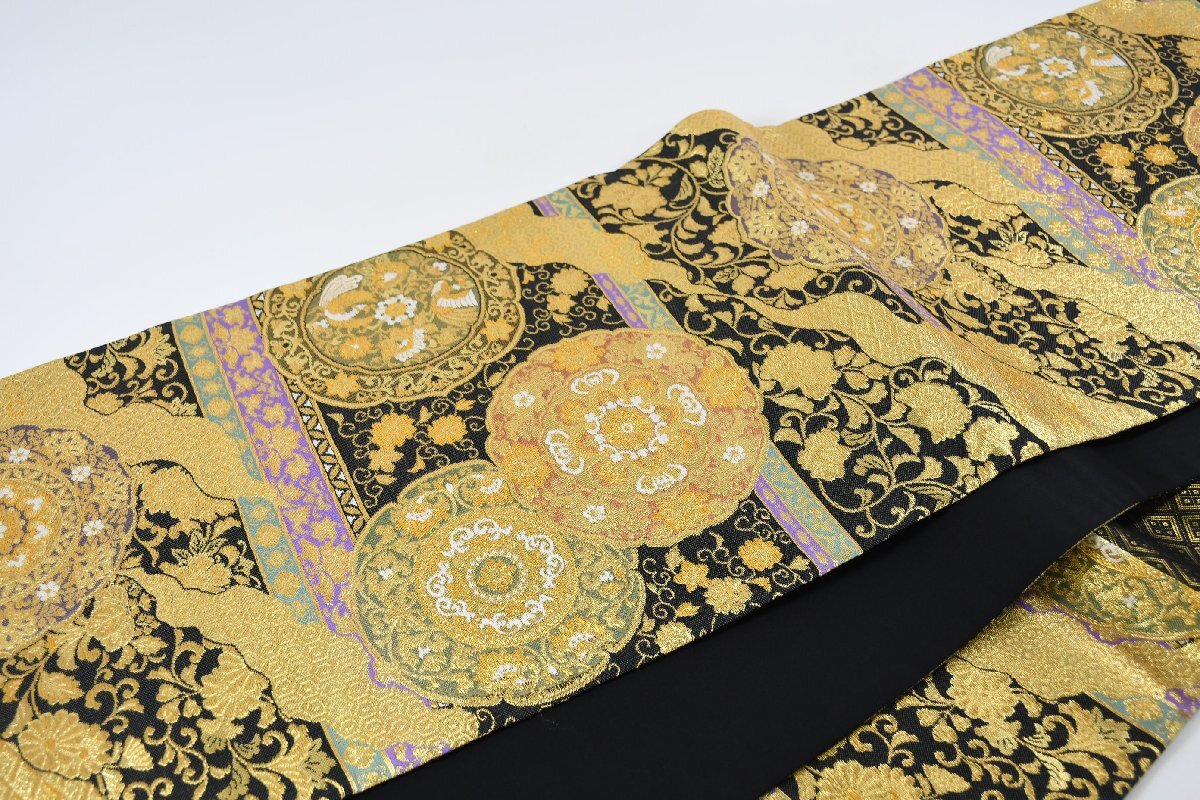 高級 袋帯 六通柄 更紗 金糸 唐花文様 帯丈447cm ★着物屋 ne-14311 桜庭呉服店_画像10