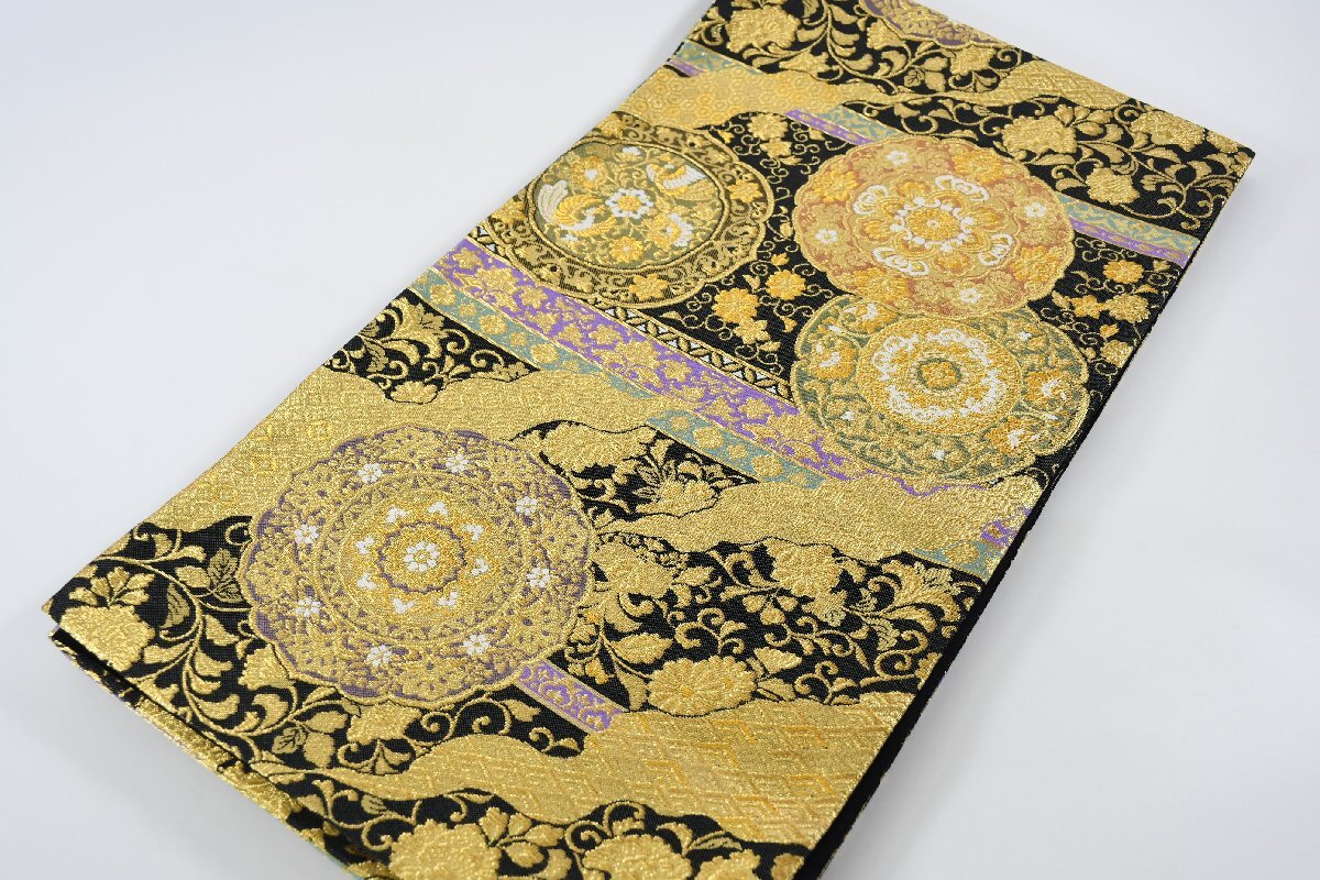高級 袋帯 六通柄 更紗 金糸 唐花文様 帯丈447cm ★着物屋 ne-14311 桜庭呉服店_画像2