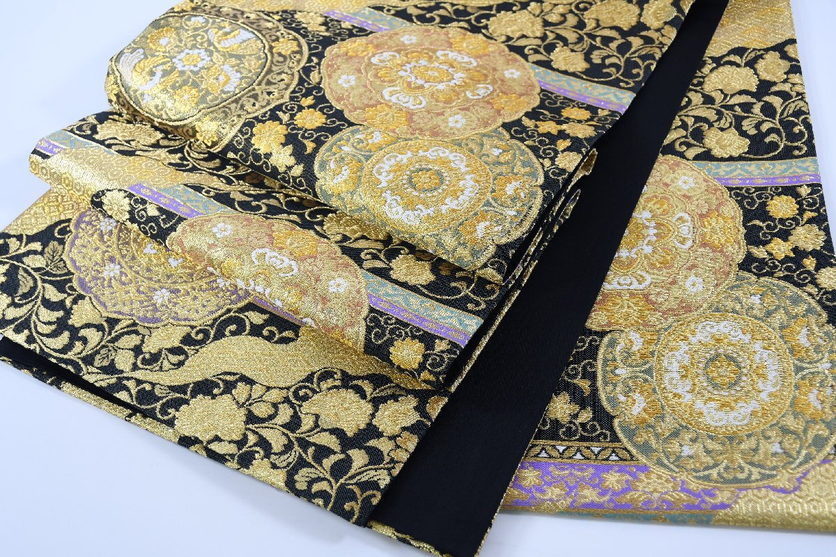 高級 袋帯 六通柄 更紗 金糸 唐花文様 帯丈447cm ★着物屋 ne-14311 桜庭呉服店_画像1
