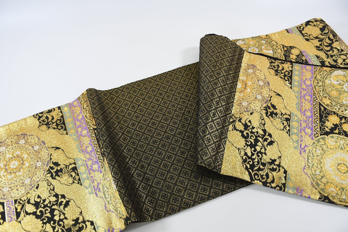 高級 袋帯 六通柄 更紗 金糸 唐花文様 帯丈447cm ★着物屋 ne-14311 桜庭呉服店_画像9