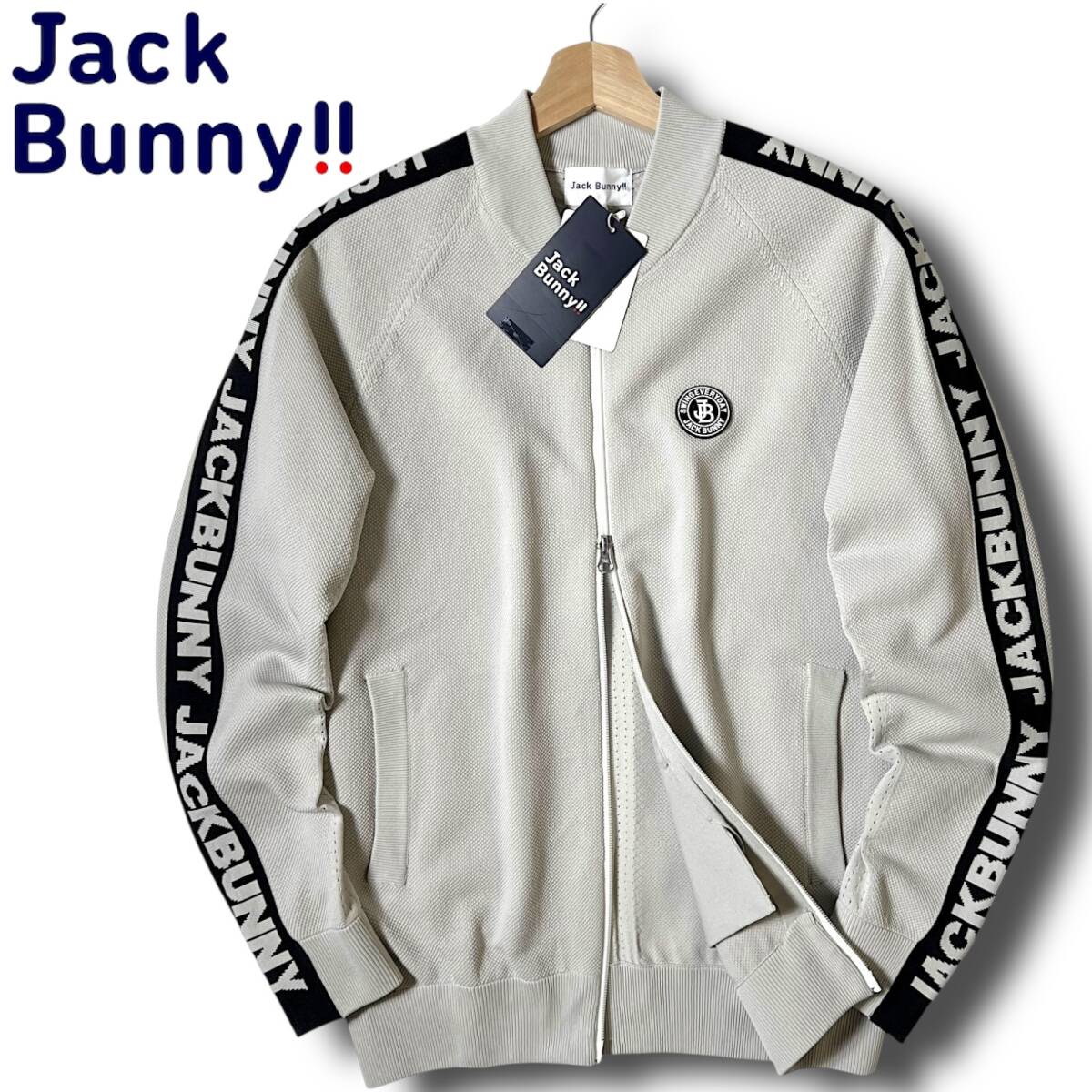 新品 Jack Bunny!! ジャックバニー パーリーゲイツ 袖ラインロゴ 鹿の子ニット ダブルジップ ジャケット ブルゾン 4 M 通年仕様 春夏 B5947