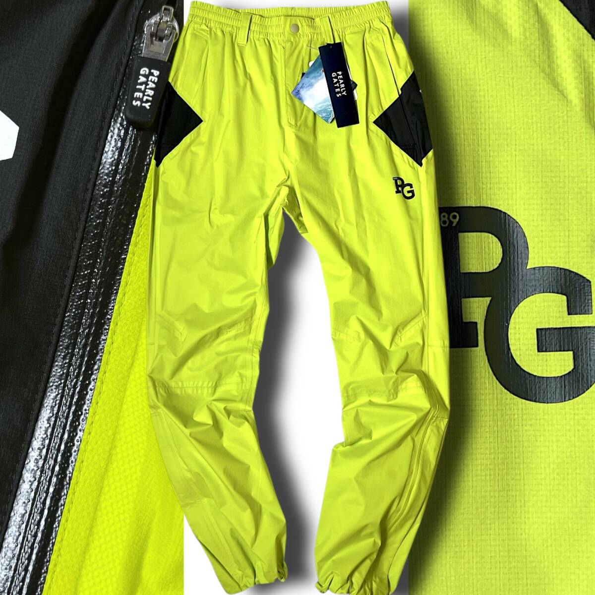 ◆新品 PEARLY GATES パーリーゲイツ 定価2.5万 AQUAX 撥水 防水 透湿 防風 ビッグロゴ レインパンツ 5 L 通年仕様 オールシーズン B6213