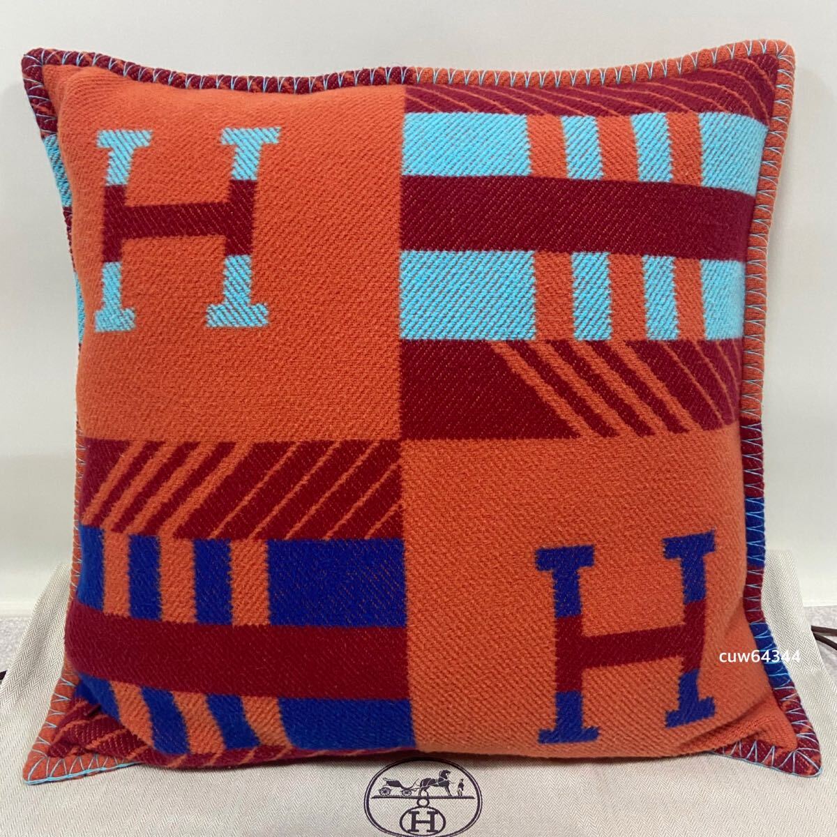 國內(nèi)正規(guī)品 美品 Hermes エルメス アヴァロン クッション ウール×カシミヤ オレンジ×レッド×ブルー系mix 純正保存袋