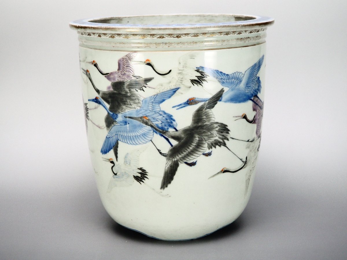 治】『香蘭社』造 色絵群鶴紋三足鉢☆高さ 23.3cm 植木鉢 和鉢