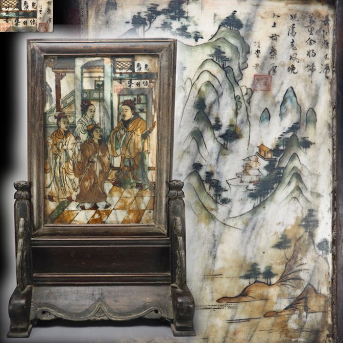 清 大型欄間 窓浮彫『唐人物図』龍装飾一刀彫 木製額入中国美術