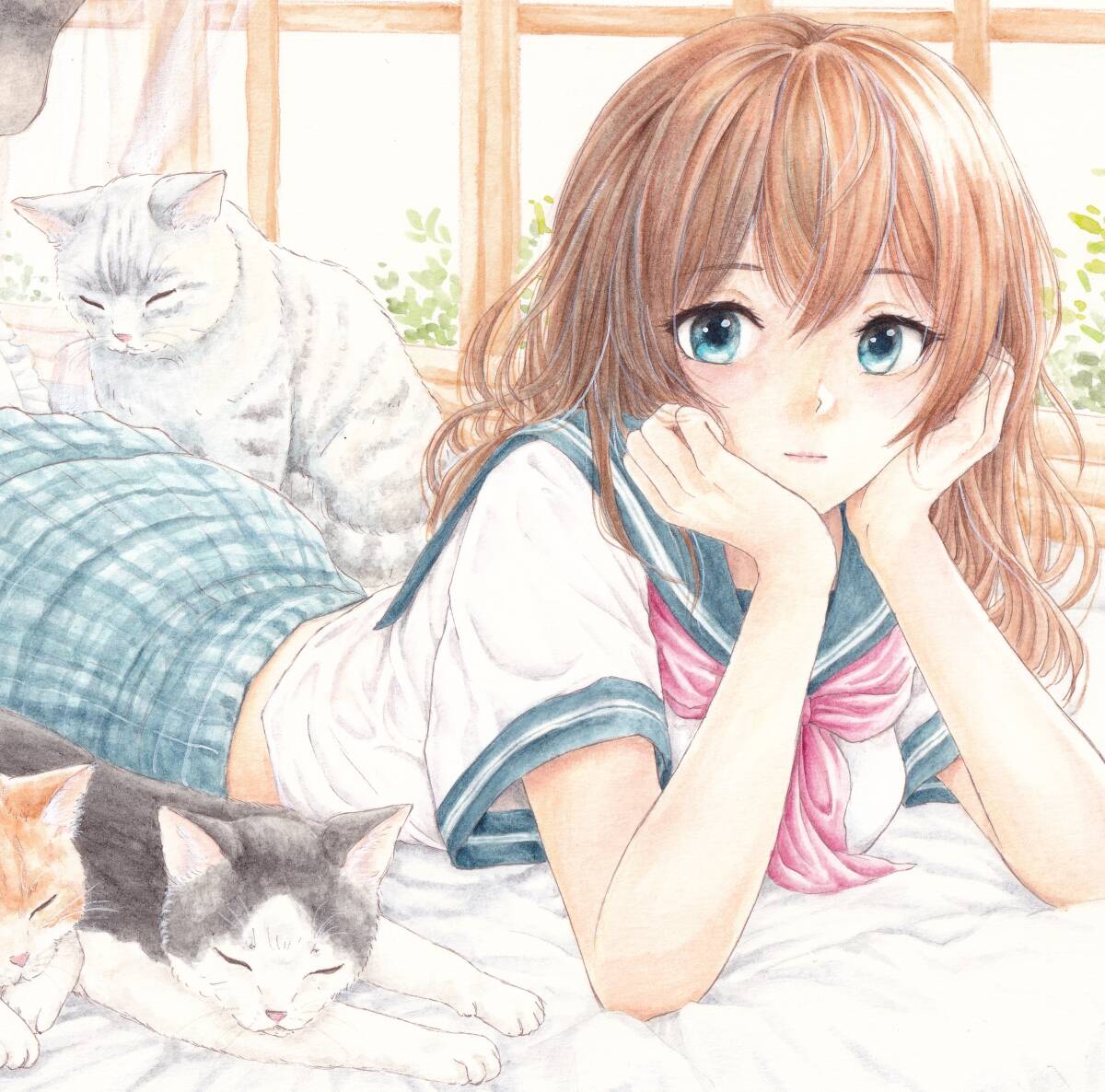 手描きイラスト◇オリジナル『女子高校生と猫』A4少し小さめ 手描きイラスト◇オリジナル『女子高校生と猫』A4少し小さめ