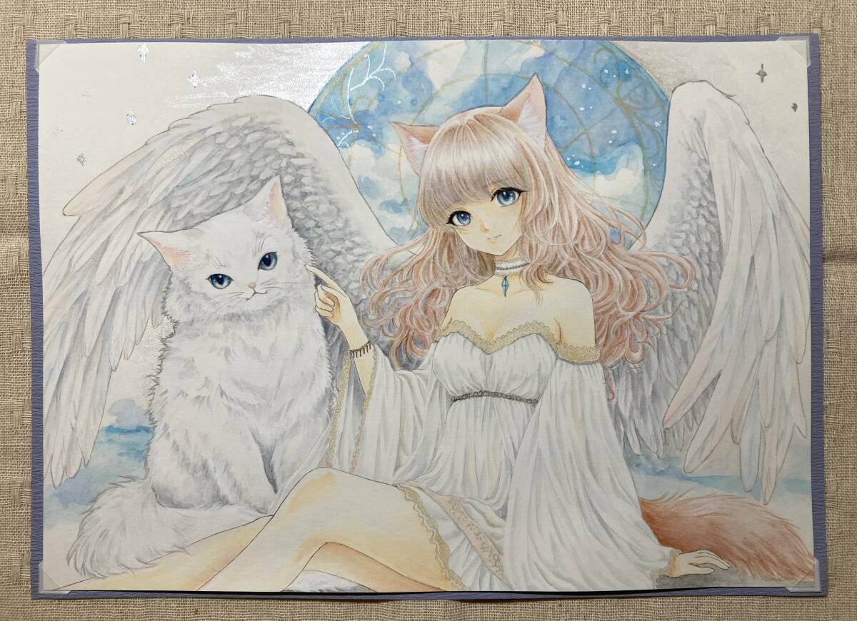 手描きイラスト◇オリジナル『ケモ耳天使と大きな白猫』A4少し 手描きイラスト◇オリジナル『ケモ耳天使と大きな白猫』A4少し