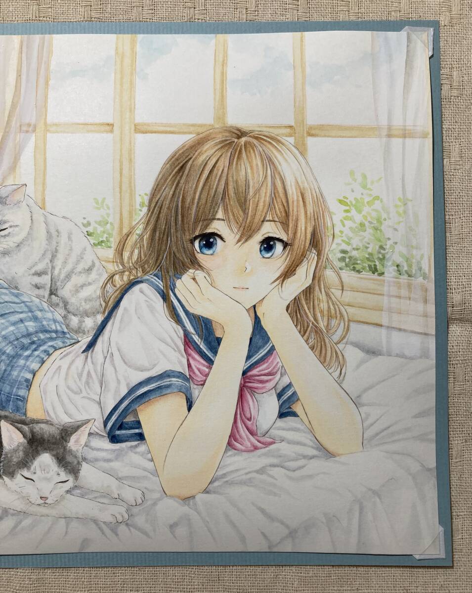 手描きイラスト◇オリジナル『女子高校生と猫』A4少し小さめ 手描きイラスト◇オリジナル『女子高校生と猫』A4少し小さめ