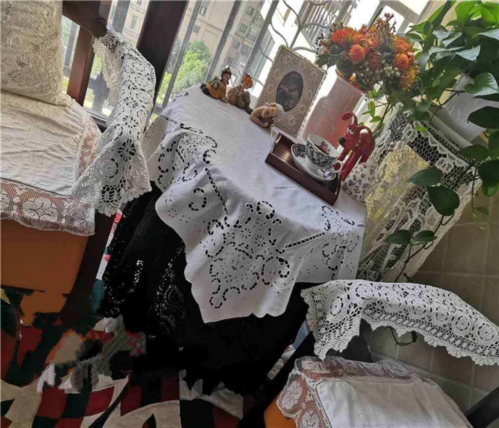 アンティークレース 上品 手刺繍 花柄 テーブルクロス 綿麻 マルチカバー白色