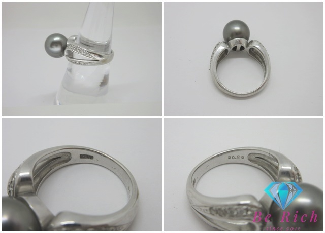 黒蝶真珠 8 - 10.5mm 珠 バロックパール ネックレス リング 指輪 セット K18 WG シルバー SILVER【中古】【送料無料】th12192