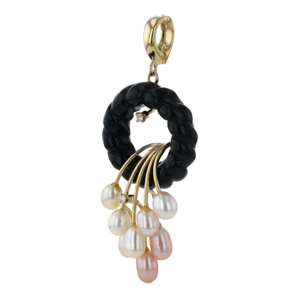 K18YG イエローゴールド ペンダントトップ ダイヤ 0.03ct オニキス 淡水真珠 パール サークル 花束【新品仕上済】【zz】【中古】_画像2