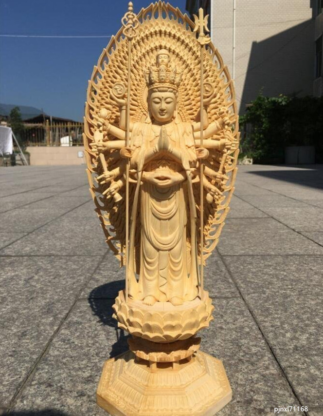 上品☆即決☆ 仏教美術 精密彫刻 仏像 手彫り 八角台座 桧木製 千手観音菩薩 高さ約43ｃｍ ☆送料込み☆