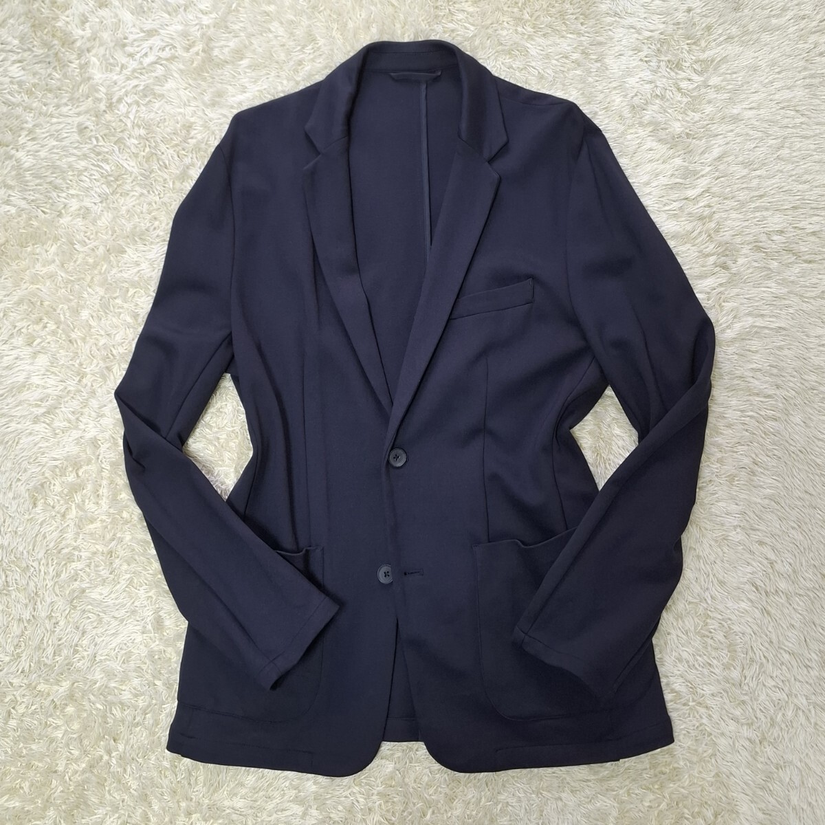ナノ・ユニバース nano・universe テーラードジャケット 無地 ネイビー レーヨン混 ストレッチ アンコン シングル 2B 手洗い済_画像2