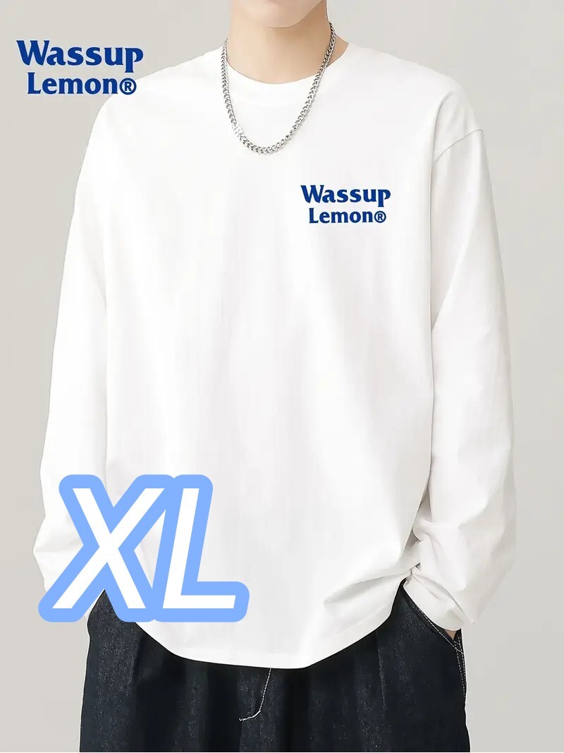 プレミアムロンT】綿100% 白 XLサイズ《Wassup Lemon》長袖 プレミアムロンT】綿100% 白 XLサイズ《Wassup Lemon》長袖