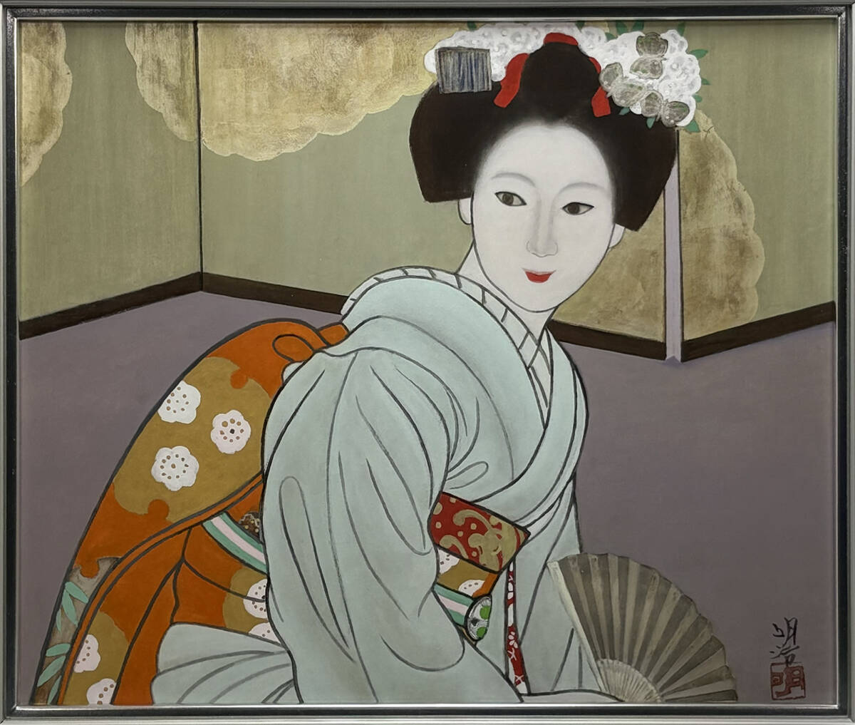 真作】□ 橋本明治 □ 「春の舞妓」日本画10号/共シール 真作】□ 橋本明治 □ 「春の舞妓」日本画10号/共シール