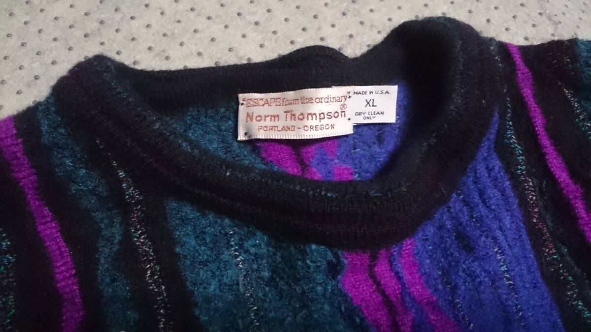 レア 綺麗目 Norm Thompson ノームトンプソン MADE IN USA アメリカ製 奇抜柄/マルチカラー/3D ウール/パイル ニット セーター XL/実質M位_画像3