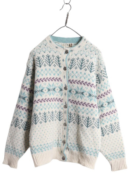 80s USA製 エルエルビーン ノルディック ニット カーディガン レディース M ヴィンテージ LLBEAN ウール セーター バーズアイ 前開き 丸首