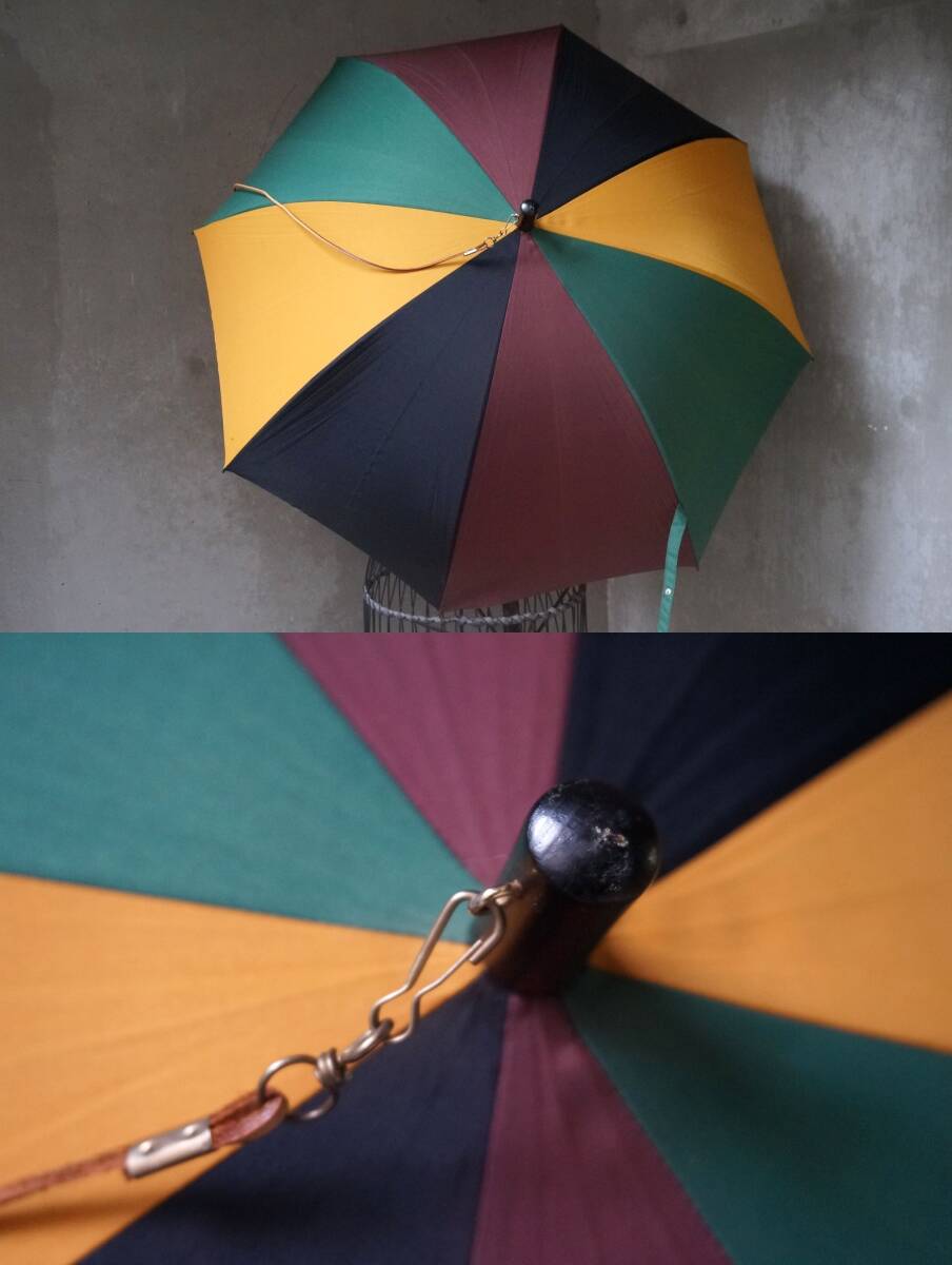 フランス製生地 ハンドメイド木製マラードヘッド アヒルハンドル 4色八枚ハギ ショルダーストラップ付 アンティークスタイル アンブレラ 傘_画像7