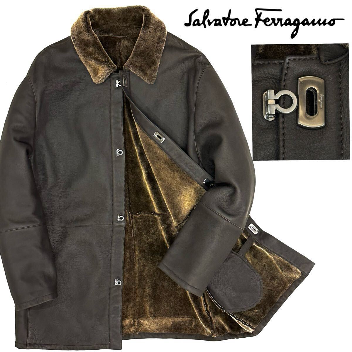 Salvatore Ferragamo サルヴァトーレフェラガモ ガンチーニ 羊革 最高級 ラグジュアリー ムートン コート(54)ブラウン系 メンズ アウター