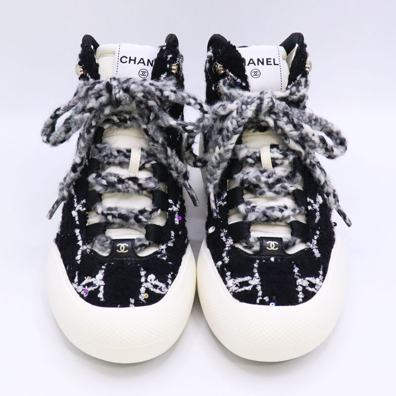 【試著程度美品】CHANEL シャネル 22N ココネージュ ツイードレースアップ スニーカー 厚底 #38 25cm レディース ブラック G39500