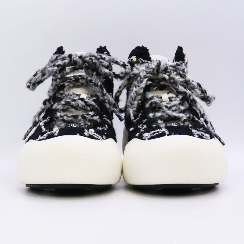 【試著程度美品】CHANEL シャネル 22N ココネージュ ツイードレースアップ スニーカー 厚底 #38 25cm レディース ブラック G39500