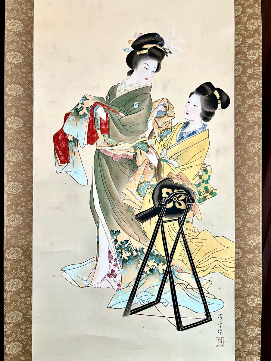 真作】【S8】鏑木清方「着付け」絹本 肉筆 合箱 金泥 美人画 真作】【S8】鏑木清方「着付け」絹本 肉筆 合箱 金泥 美人画