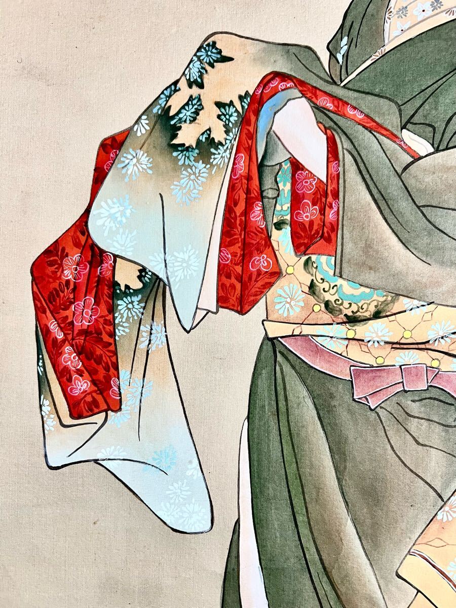 No3885額装 在銘 指水 美人画 燕柄着物 肉筆絹本 日本画 絵画