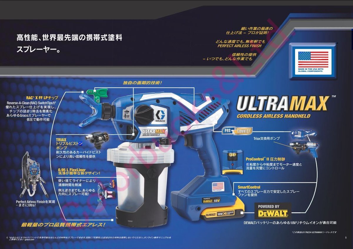 【在庫あり】【Graco】【ULTRA MAX】グラコ ウルトラマックス 溶剤系?水性系涂料兼用バッテリー式　コードレスエアレススプレーガン