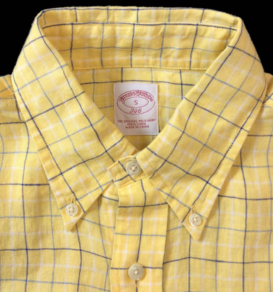 Brooks Brothers ブルックスブラザーズ リネン 麻 チェック 長袖 シャツ ボタンダウン イエロー系 メンズ S