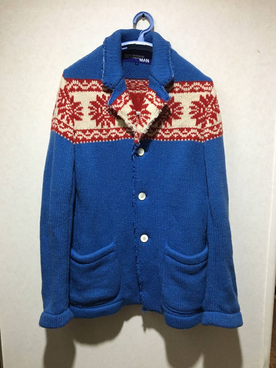 JUNYA WATANABE MAN コムデギャルソン ★ 毛纟 テーラードジャケット ニット ウール ハーフコート 青 赤 クリームノルディック柄 L 美品