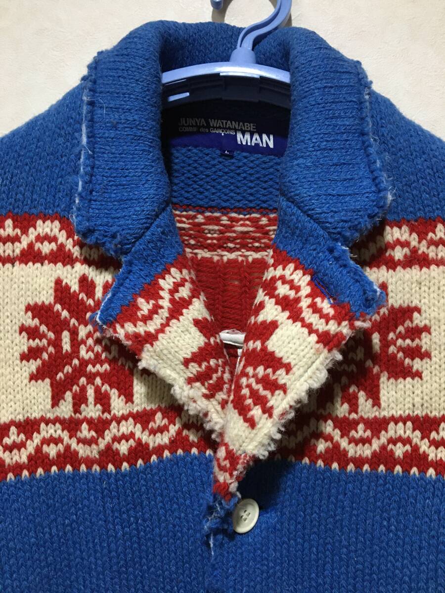 JUNYA WATANABE MAN コムデギャルソン ★ 毛纟 テーラードジャケット ニット ウール ハーフコート 青 赤 クリームノルディック柄 L 美品