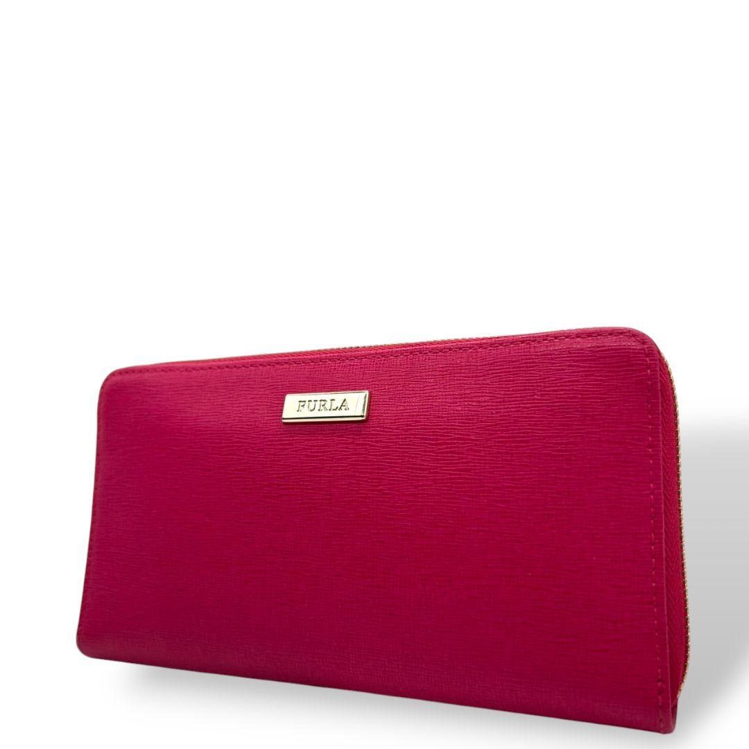 極美品　フルラ 長財布 赤 クラシカ ラウンドファスナー レザー ピンク W2