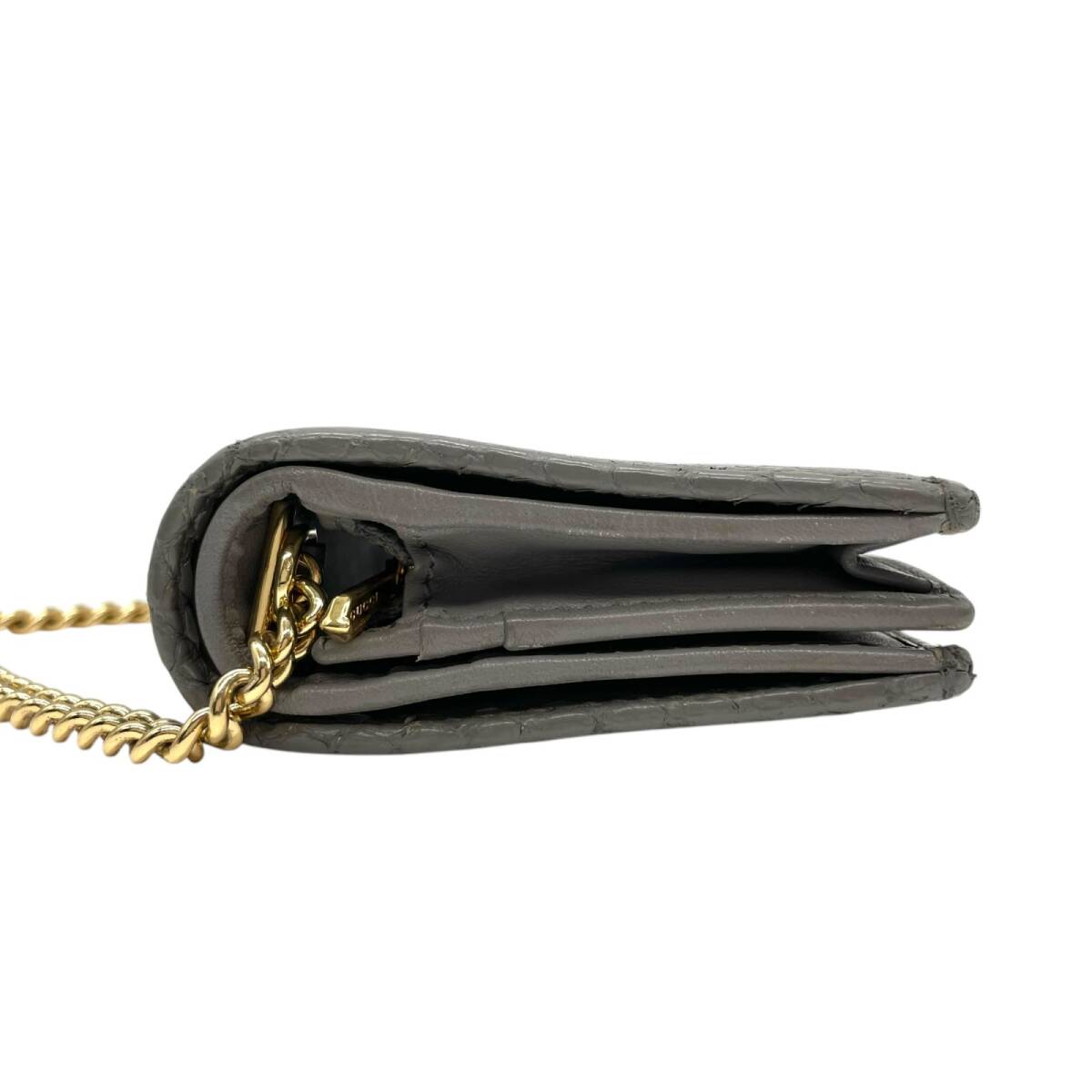 1円 GUCCI グッチ ズゥミ チェーンウォレット 570660 パイソン レザー グレー 二つ折り財(cái)布 ホースビット ヘビ革 M5 財(cái)布 ミニ コンパクト