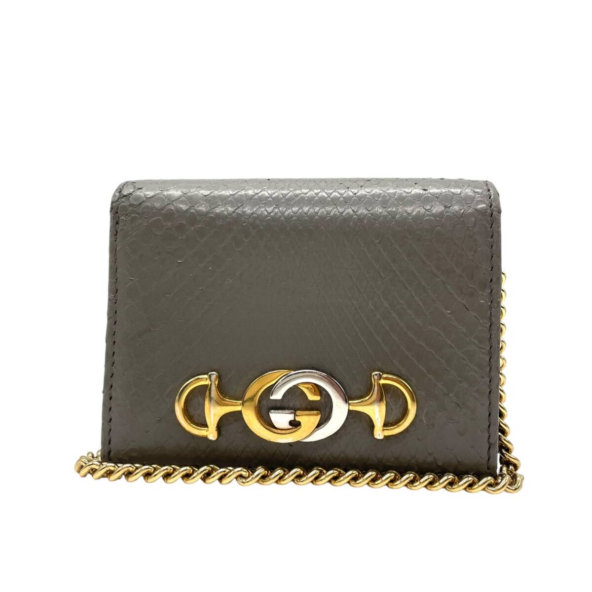 1円 GUCCI グッチ ズゥミ チェーンウォレット 570660 パイソン レザー グレー 二つ折り財(cái)布 ホースビット ヘビ革 M5 財(cái)布 ミニ コンパクト