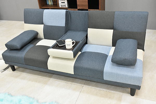 地域限定送料無料 新品 パッチワーク ネイビー色テーブル付リクライニング ソファーベッド布制3人掛けソファおしゃれ家具:NW44-11C08-KC