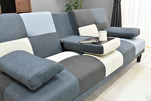 地域限定送料無料 新品 パッチワーク ネイビー色テーブル付リクライニング ソファーベッド布制3人掛けソファおしゃれ家具:NW44-11C08-KC