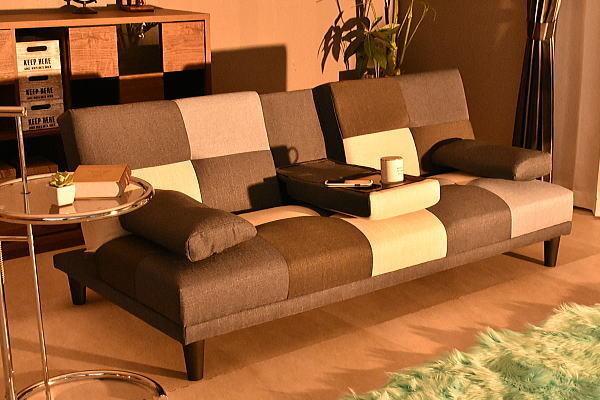 地域限定送料無料 新品 パッチワーク ネイビー色テーブル付リクライニング ソファーベッド布制3人掛けソファおしゃれ家具:NW44-11C08-KC