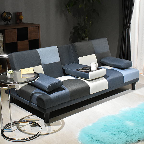 地域限定送料無料 新品 パッチワーク ネイビー色テーブル付リクライニング ソファーベッド布制3人掛けソファおしゃれ家具:NW44-11C08-KC