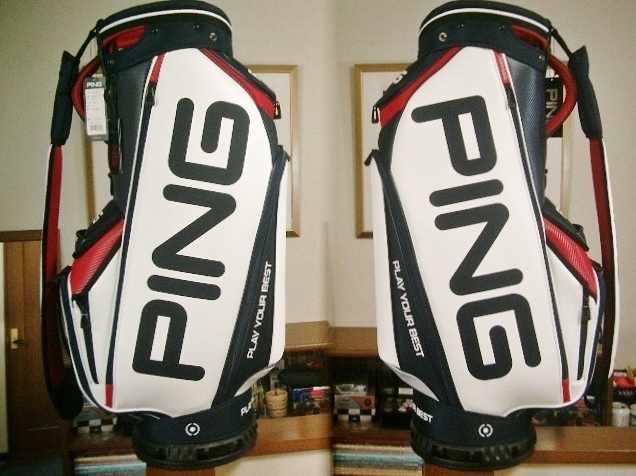 未使用　ＰＩＮＧ　ピン　アスリート・モデル　ビッグ文字　合皮×合繊素材　トリコ　白紺赤　ゴルフバッグ