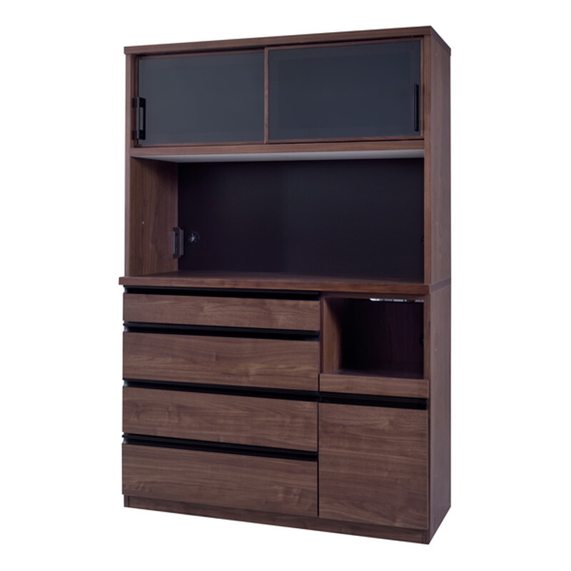 カップボードW120  天然木(ウォルナット) ウレタン塗装 強化紙プリント化粧合板 メラミン 4mmグレー強化ガラス モイス付