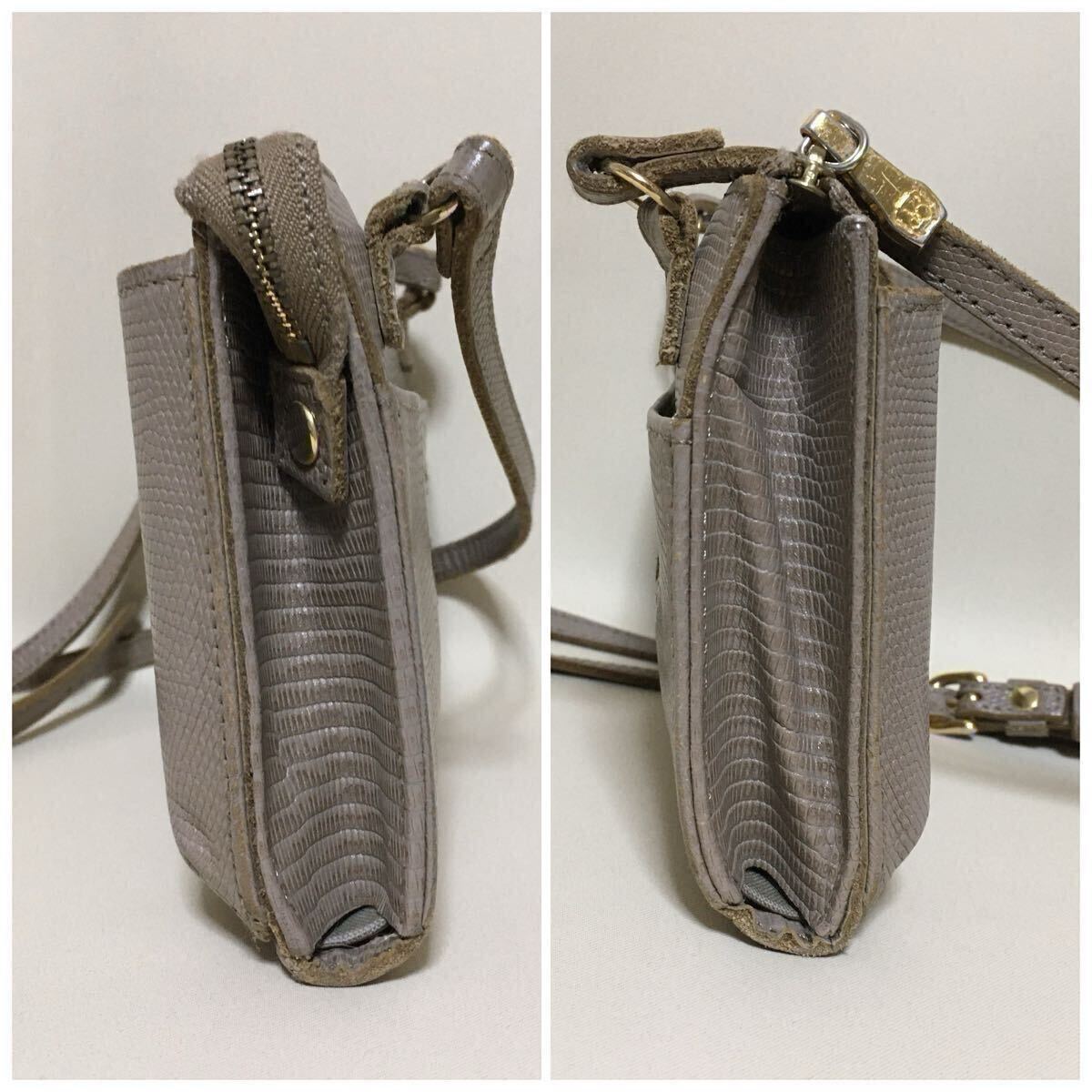 VIOLAd'ORO◇ヴィオラドーロ 定1.6万 サイドウェイ スマホポシェット 型押しレザー 横型 スマホショルダー グレージュ 本革 スマホケース_画像4