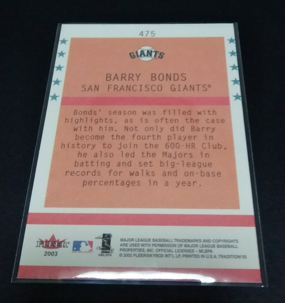MLB 2003年FLEER バリー?ボンズ(ジャイアンツ)BANNER SEASON No,475?！?、小さな跡あり(畫像３)Giants BARRY BONDS 