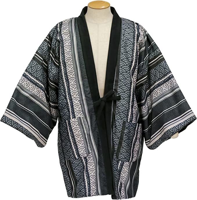 両面ポケット リバーシブル 手軽に着られる 軽量 フリース はんてん メンズ 暖かい ボア ちゃんちゃんこ 保温性 動きやすい 青海波黒