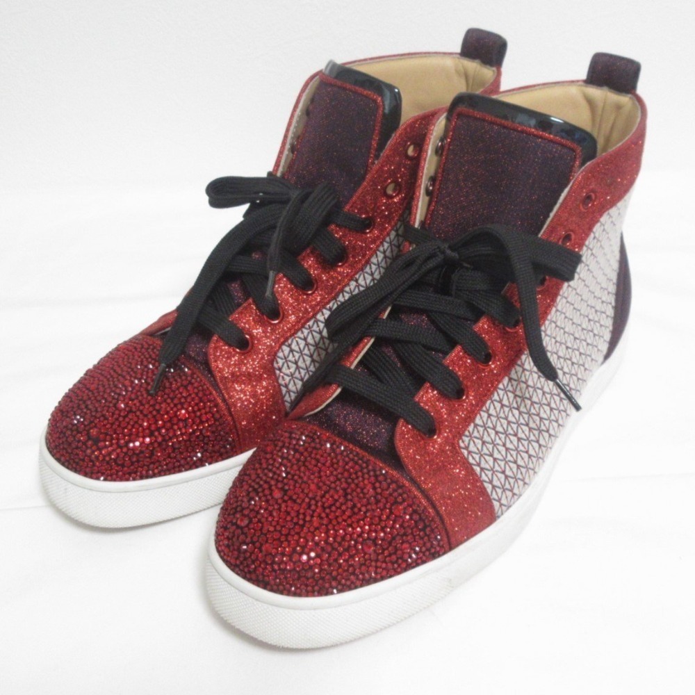 美品 Christian Louboutin クリスチャンルブタン ルイスフラット スワロフスキー ハイカットスニーカー 42 27cm相當(dāng) レッド系