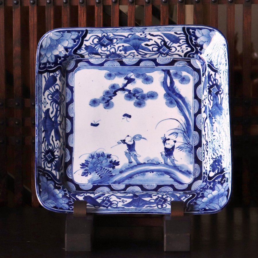 明治時代 古伊万里 染付図唐子文角皿 | 開花浪漫SS57