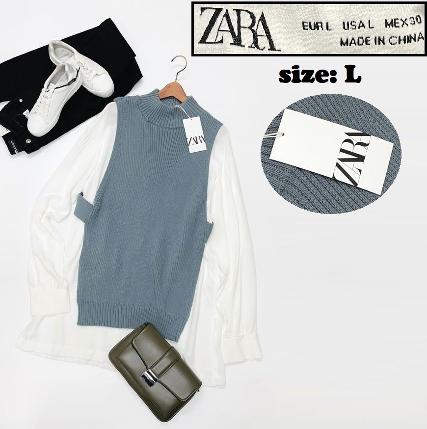 ZARA /L/ グレー系×ホワイト ニット長袖シャツ トップス レディース タグ付き カジュアル通勤ロングスリーブ大人可愛い生地 デイリー ザラ