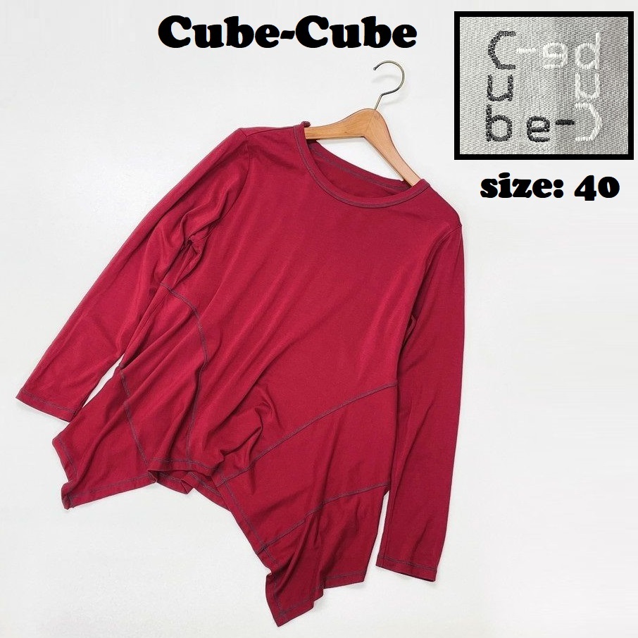 【40】Cube-Cube レッド系 カットソー ロンティ 長(zhǎng)袖Tシャツ日本制アクリル混生地カジュアル変形ヘム マツオセンソユニコ キューブキューブ