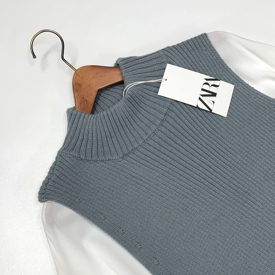 ZARA /L/ グレー系×ホワイト ニット長袖シャツ トップス レディース タグ付き カジュアル通勤ロングスリーブ大人可愛い生地 デイリー ザラ