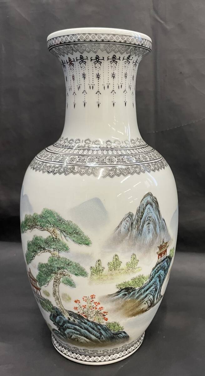 [宅送] 3-54/1-100 中国 景徳鎮製 色絵粉彩 山水漢詩文 花瓶 中国美術 工芸品